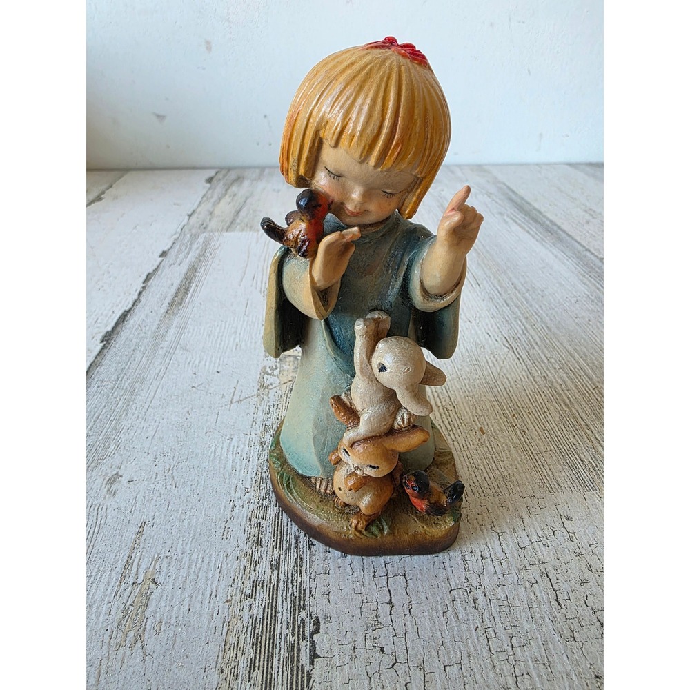 Vintage anri‎ ferrandiz girl talking animals bird bunny singing choir statue